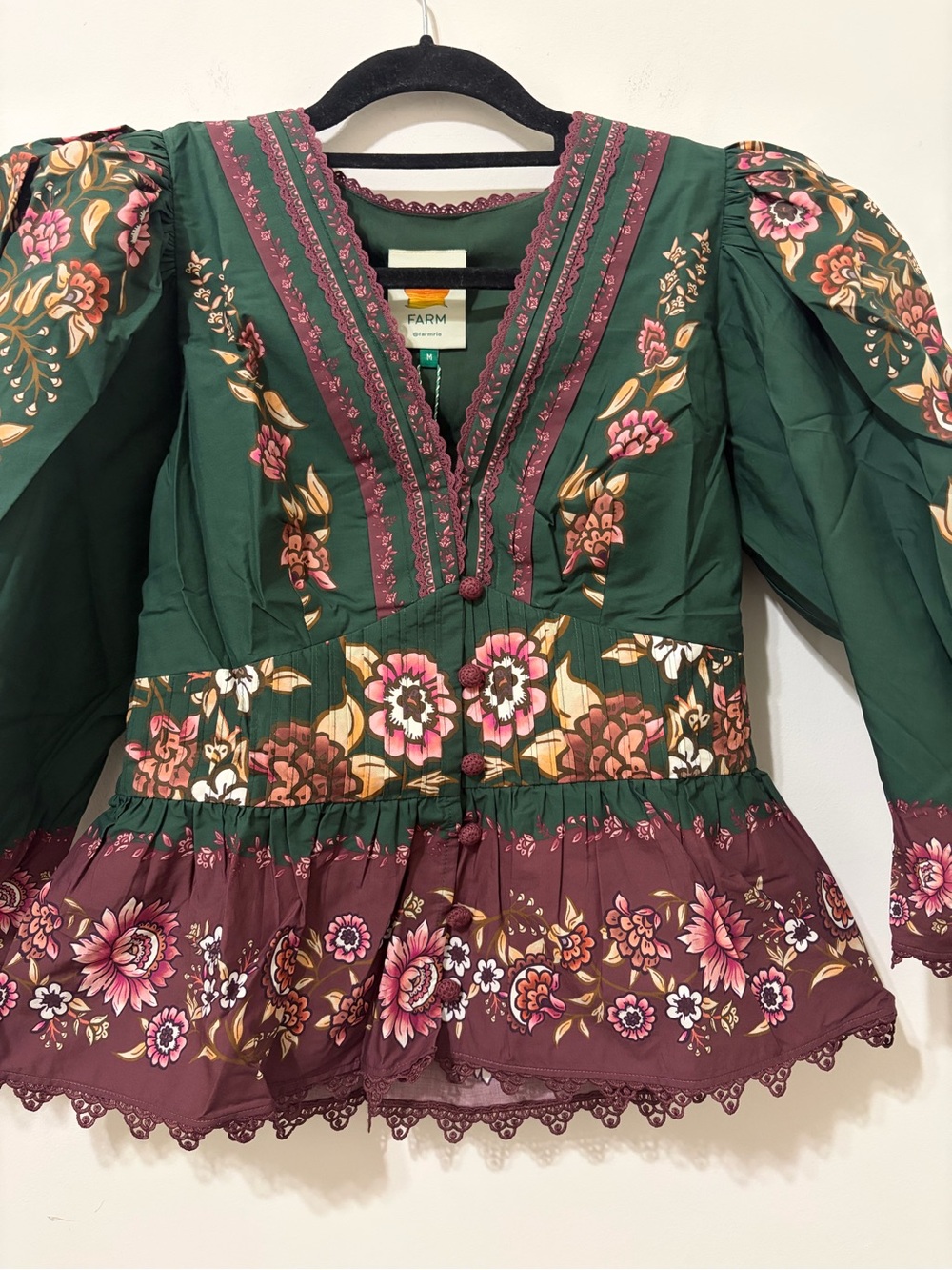 Farm RioDaniela Lace Puff Sleeve Bohemian Floral V-Neck Peplum Blouse - Picture 10 of 10